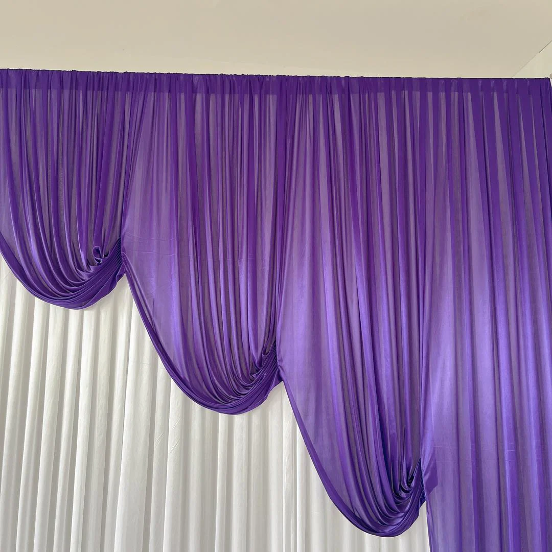 Ice Silk Event Backdrop with Venetian Contour Stage Curtain / Valance Swag - Purple & White (6x3m) - Image 3