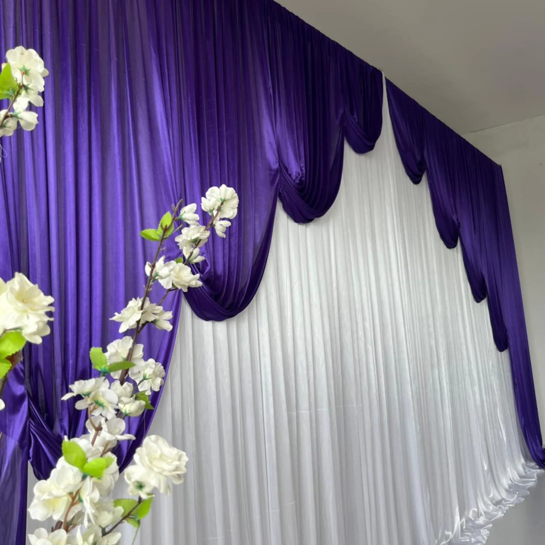 Ice Silk Event Backdrop with Venetian Contour Stage Curtain / Valance Swag - Purple & White (6x3m) - Image 4
