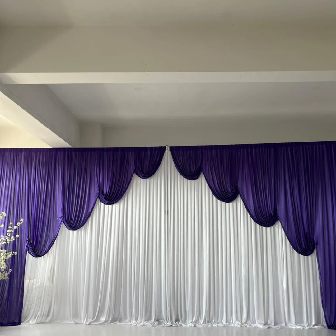 Ice Silk Event Backdrop with Venetian Contour Stage Curtain / Valance Swag - Purple & White (6x3m) - Image 5