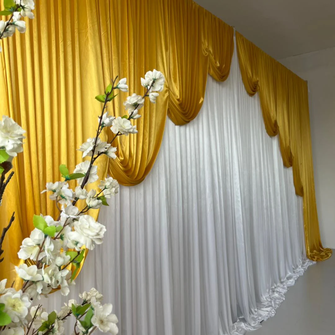 Ice Silk Event Backdrop with Venetian Contour Stage Curtain / Valance Swag - Gold & White (6x3m) - Image 3
