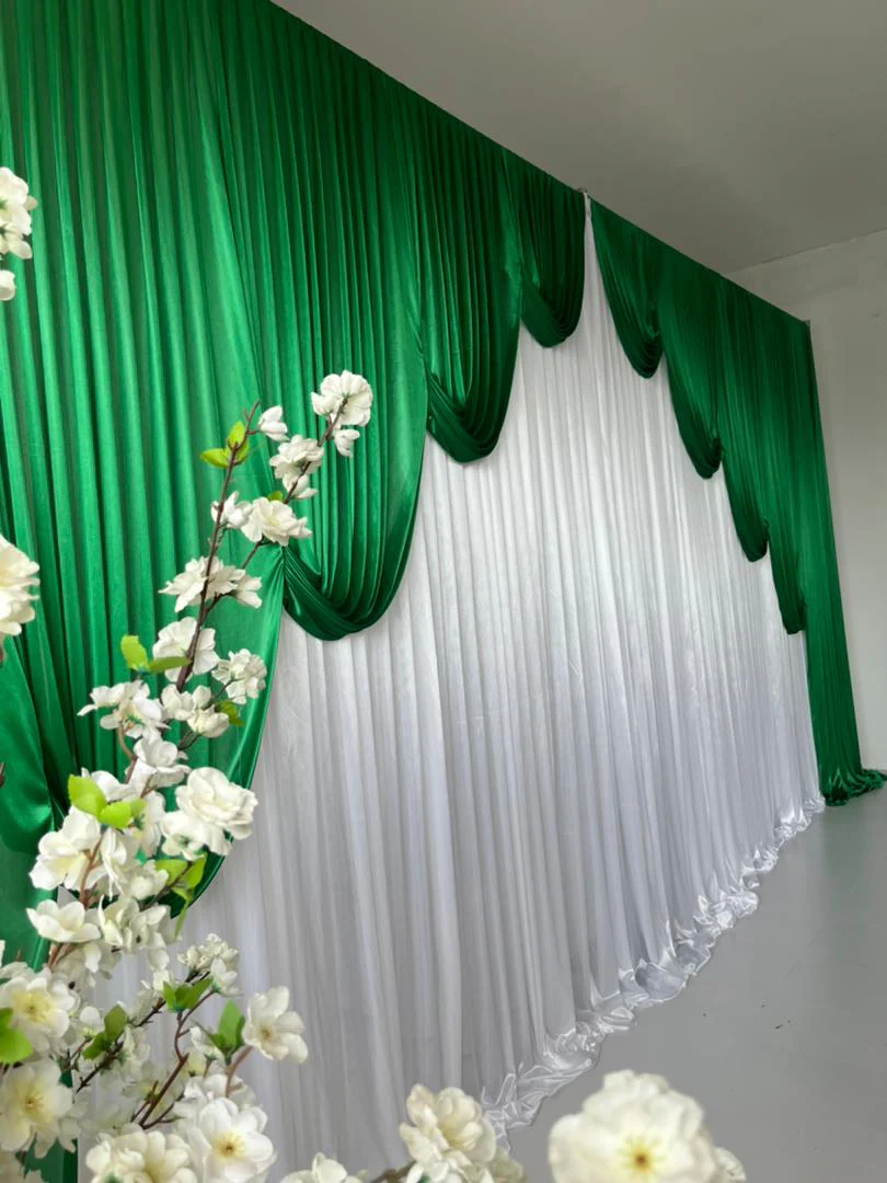 Ice Silk Event Backdrop with Venetian Contour Stage Curtain / Valance Swag - Dark Green & White (6x3m) - Image 3
