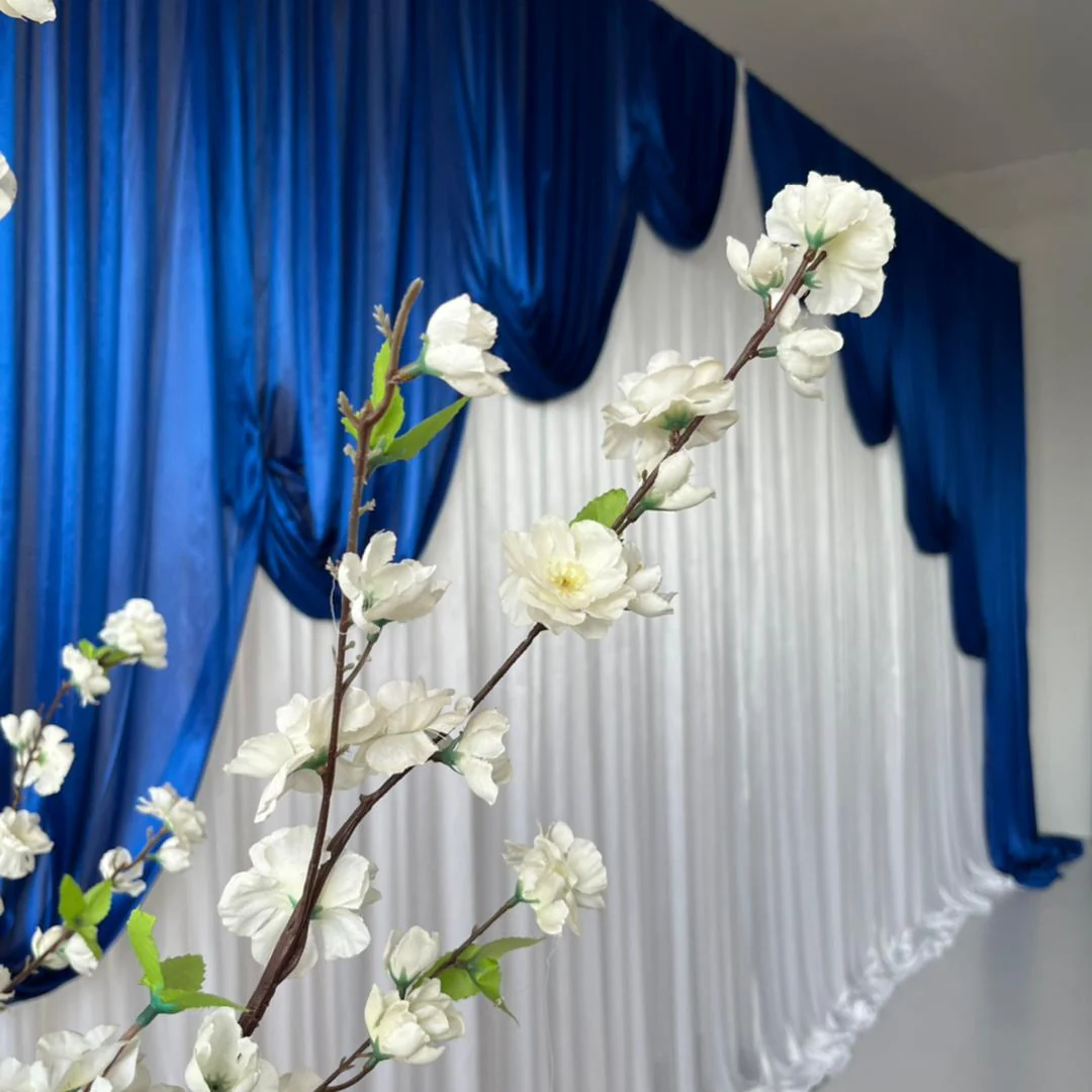 Ice Silk Event Backdrop with Venetian Contour Stage Curtain / Valance Swag - Royal Blue & White (6x3m) - Image 3